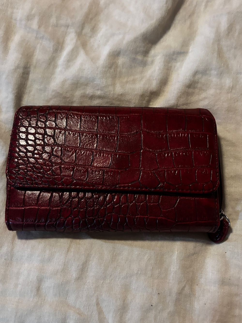 Burgundy Croc Embossed Accordion Organizer Wallet Zip Around